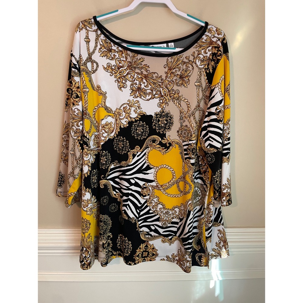 Susan Graver Liquid Knit Size 3X Tunic Blouse Yellow Black Baroque Zebra Print